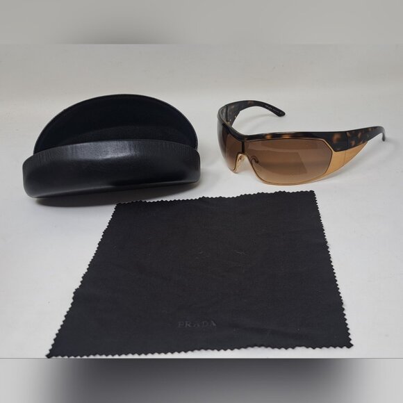 Prada Women's Sunglasses Shield Triangle Logo Mask Gold Tortoise Brown SPR 621 - Picture 4 of 14